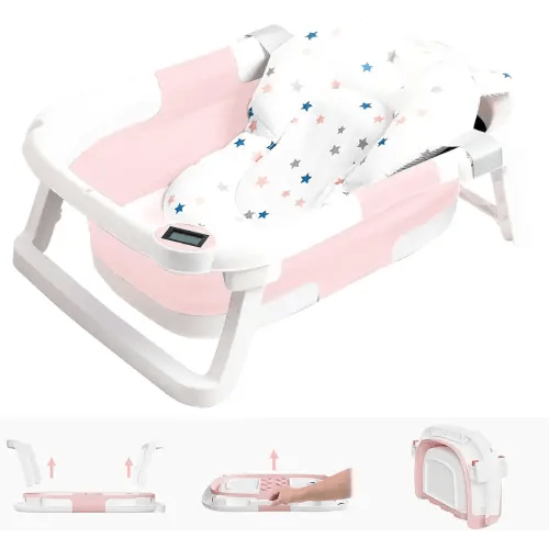 Collapsible Baby Bathtub,Baby Bath Tub with Soft Cushion & Thermometer,Baby Bathtub Newborn to Toddler 0-36 Months,Portable Travel Baby Tub,Pink