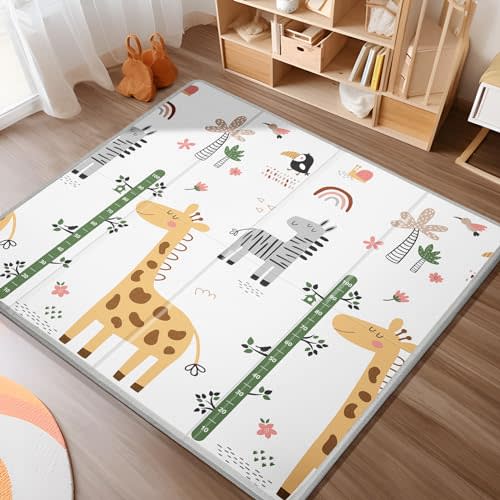 PLGLOG Baby Play Mat,59"x59" Foldable & Reversable Large Baby Mat,0.8" Thick Waterproof Baby Floor Play Mat,Non-Slip,Carlwing Mat for Baby,for 59X59"Playpen,Indoor&Outdoor Playing Mat,Giraffe