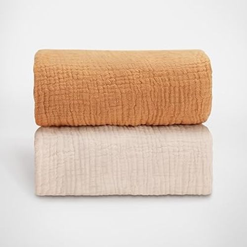 Blissful Diary Muslin Bassinet Sheets for Baby Girls Boys, Boho Soft Cotton Fitted for Oval Hourglass Rectangle Mattress, 2 Pack(Retro Yellow&Beige)