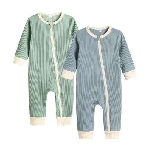 Bafeicao Unisex Baby Boy Girl 2 Pack Rompers Long Sleeve Two Way Zipper Romper One Piece Jumpsuits Clothes Sets