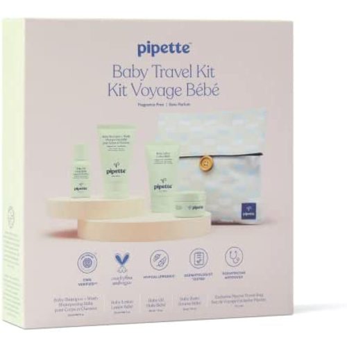 Pipette Baby Travel Kit New Packaging - Trial Size Toiletries, Baby Gift Set, Hypoallergenic, Free of Synthetic Fragrances, Cruelty-Free, 4 Products + Travel Pouch