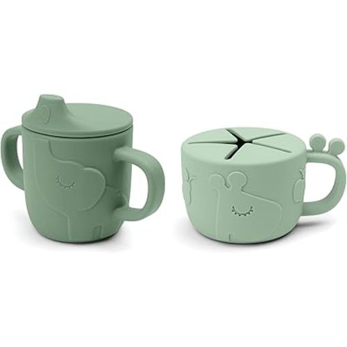 Done by Deer Peekaboo Spout/Snack Cup Set Deer Friends Green - 100% Food-Grade Silicone, Easy-Grip Handles, Shatterproof, Dishwasher Safe, Microwave and Freezer Safe, Cute Giraffe and Elephant Design.
