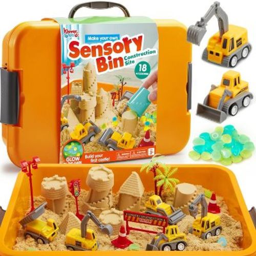Klever Kits Construction Sensory Bin with Glow-in-The-Dark Stones, Play Sand Toy Learning Activities Gifts for Boys Girls Age 3+