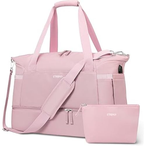 ETRONIK Gym Bag for Women, Personal Item Travel Bag with Shoes Compartment, Weekender Overnight Duffel Bag with Wet Pocket & USB Charging Port, Carry On Bag for Women, Travel, Gym, Weekend (Pink)