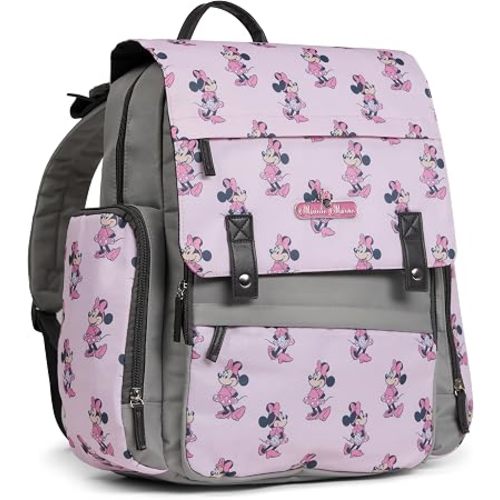 Disney Diaper Bag Backpack with Changing Pad Minnie Mouse – 16” Nylon Baby Bag for Parents, Insulated Bottle Holders, Multiple Storage Pockets