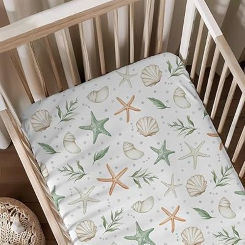 Watercolor Seashells Starfish Pattern Baby Sheets for Crib, Unisex Ocean Nursery Fitted Bed Sheet for Boys Girls Standard Crib and Toddler Mattress-28x52