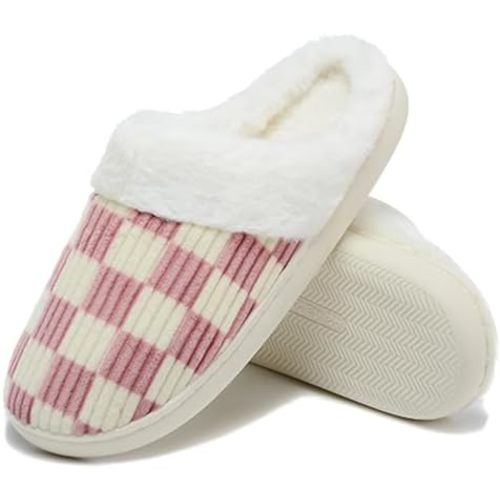 Women House Fuzzy Slippers - Plaid Scuff Checkered Slip-on Memory Foam Indoor Outdoor Comfortable Soft Slides