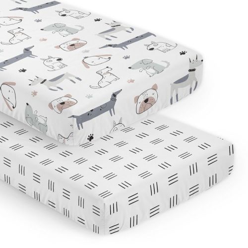 Sweet Jojo Designs Boy, Girl, Unisex/Gender Neutral Fitted Crib Sheets Set Cartoon Puppy Grey Taupe and Blue 2pc
