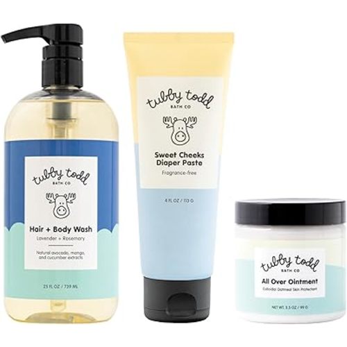 TUBBY TODD Baby Bundle Newborn Skin Care Set - Hypoallergenic Hair + Body Wash, All Over Ointment with Colloidal Oatmeal, Sweet Cheeks Diaper Paste - Lavender Rosemary, Full Size