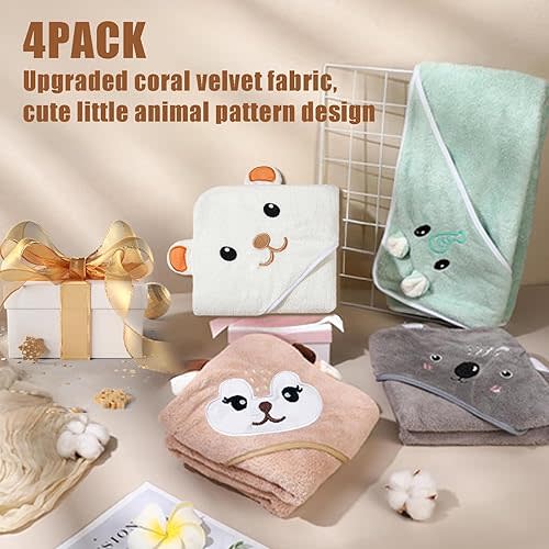 Hooded Baby Towels 4Pack Unisex Hooded Towels Super Soft Absorbent Baby Boys Girls 31.5x31.5 Inch Unique Animal Design Towels Set Gift for Newborn Infant Toddler Essentials