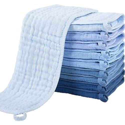 Yoofoss Muslin Burp Cloths for Baby 10 Pack 100% Cotton Baby Washcloths for Boys Girls Large 20''X10'' Super Soft and Absorbent Progressive Blue
