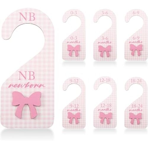 Pink Bows Baby Closet Dividers - 7 PCS Wooden Nursery Closet Dividers, Bow Nursery Decor Wardrobe Clothes Separators, Coquette Size Clothes Organizers for Baby Girl Newborn to 24 Months