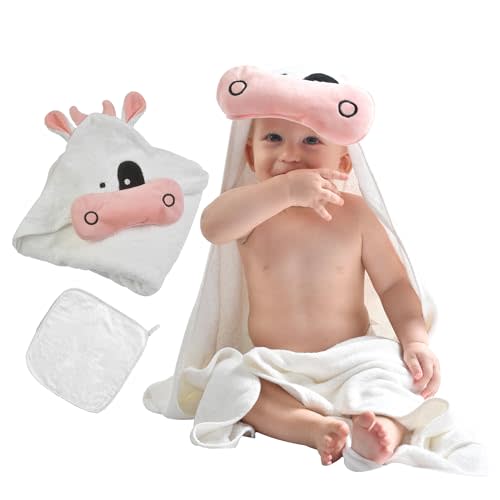 POCASOPA Cow Hooded Towel - Rayon Made from Bamboo - Ultra Soft Absorbent – Hypoallergenic - Organic - Large Baby Towel 35 X 35 inch - for Newborn, Toddler, Kids Washcloths Gift