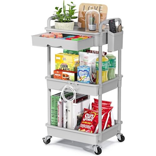 Rolling Utility Cart with Drawer 3 Tier, Utility Storage Organizer with Plastic Shelf & Lockable Wheels Multifunctional Storage Cart for Kitchen, Bathroom, Office, Living Room, Gray