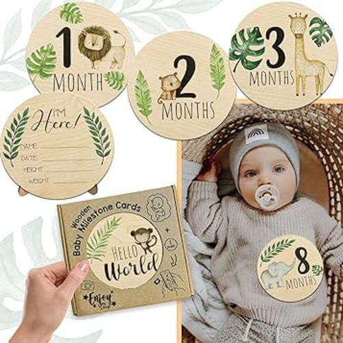 Wooden Baby Monthly Milestone Cards with Announcement Sign, Pregnancy and Baby Shower Gifts for Boys and Girls, Newborn Photography Props