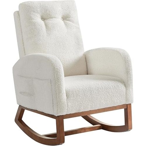 Rocking Chair Nursery, Rocking Chairs with Solid Wood Legs, Teddy Fabric, Glider Chair with Upholstered High Backrest, Nursery Chair for Living Room, Baby Room, Bedroom