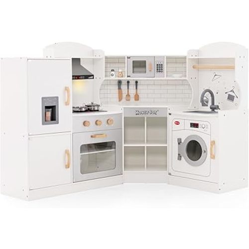 HONEY JOY Corner Kids Kitchen Playset, Ultimate Wooden Play Kitchen for Toddlers, Washing Machine, Ice Maker, Sink, Microwave, Little Chef Pretend Play Toy Kitchen Set, Gift for Boys Girls, White