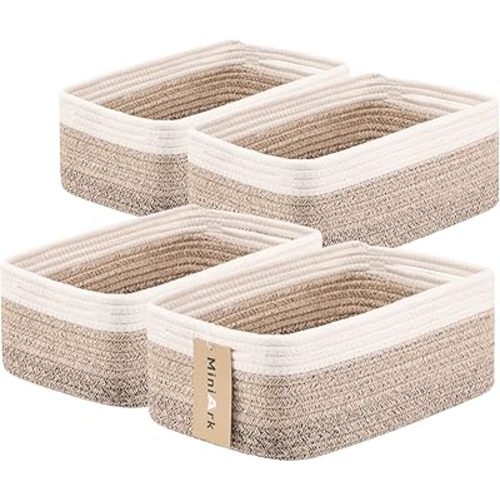 Small Storage Baskets for Organizing | Closet Organizer Bins | Shelf Toy Basket | Woven Rope Baskets | Cube Decorative Box | Shallow Basket | 13x8.5x5.1” | 4 Packs Gradient Brown