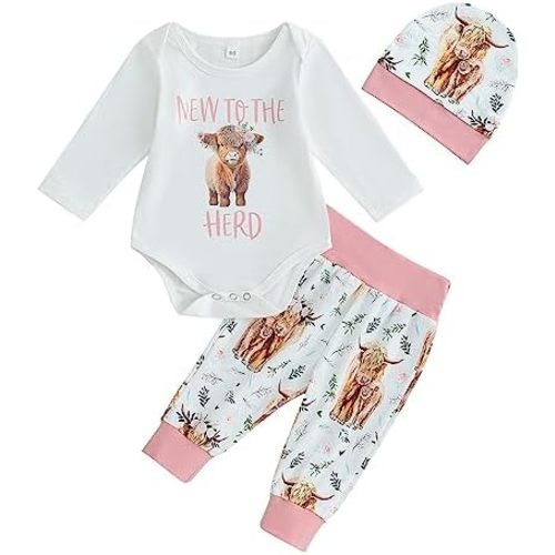 Omkzanbi New to the Herd Newborn Boy Girl Bodysuit Onesie Highland Cow Jogger Pants Hats Western Coming Home Cute Fall Outfit