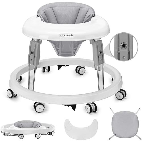 Baby Walker with Wheels, One-Touch Folding Baby Walkers, Anti-Roll 8-Wheels with Brake, 7-Speed Height Adjustment with Large Dinner Plate for 6-18 Months, Gray