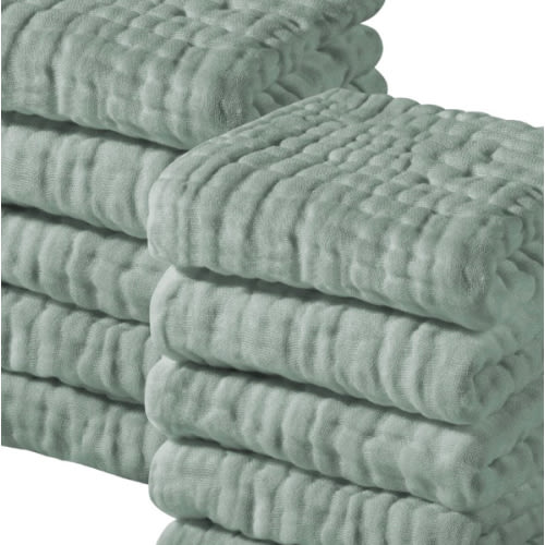 Yoofoss Muslin Baby Washcloths 100% Cotton Face Towels 10 Pack Wash Cloths for Baby 12x12in Soft and Absorbent Baby Wipes (Dark Green)