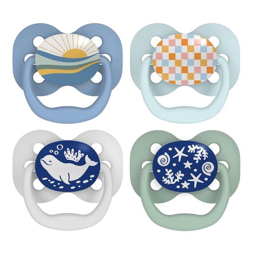 Dr. Brown's Advantage Glow-in-the-Dark Baby Pacifier, Fully Symmetrical Soother with Soft Silicone Bulb, Blue Sunrise-Blue Ocean, 0-6m, BPA Free, 4 Pack