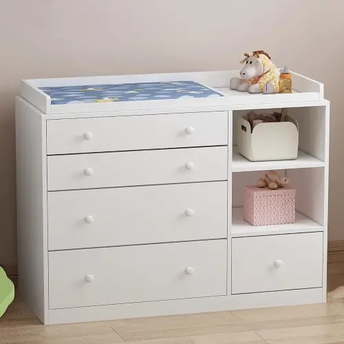 AIEGLE Nursery Dresser Baby Dresser, White Bedroom Dresser with 5 Drawers & Storage Shelves, Wood Chest of Drawers Nursery Storage Kids Organizer (47.6" L x 19.7" W x 36.1" H)