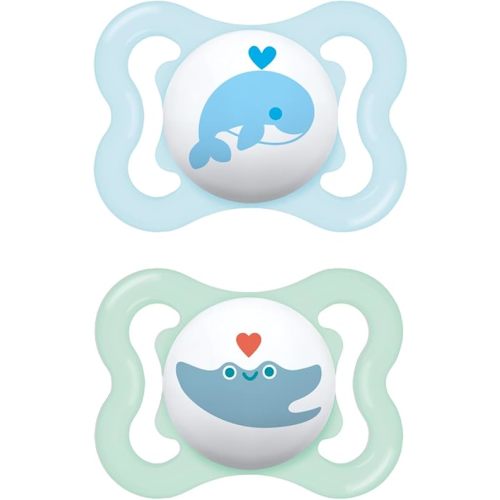 MAM Mini Air Pacifiers, Sensitive Skin Pacifier 0-6 Months for Breastfed Babies, Baby Boy Pacifiers, 2 Count (Pack of 1), Designs May Vary