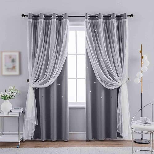 Anytime 2 Panels Star Blackout Curtains for Girls Kids Baby Bedroom Window Curtain Double Layer Star Cut Out Living Room Decor Wall Home Decorations Curtain（W52 x L63,Grey）