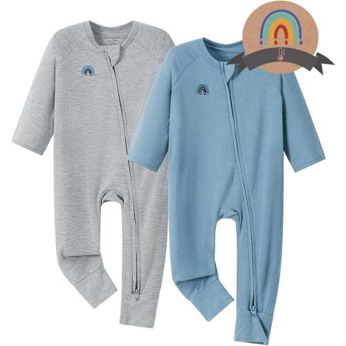 Momcozy Bamboo Fiber Baby Bodysuit 2-Piece Set,No Feet Covered BP002 12-18 Months Blue + Gray