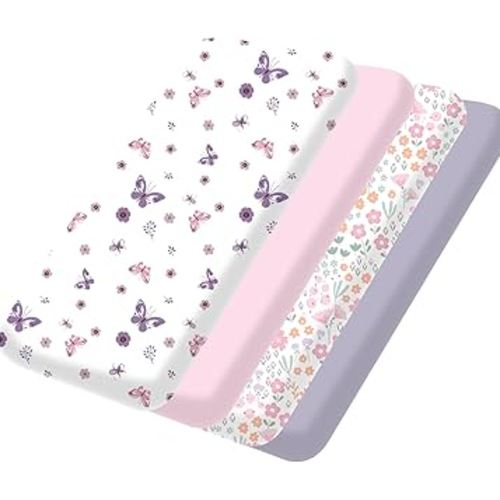 Little Grape Land Mini Crib Sheets for Girls 4 Pack, Fitted Mini Crib Sheets 26x38x5 for Pack and Play/Playard Mattress, Ultra Soft Brushed Microfiber, All-Around Elastic, Butterfly/Floral/Pink/Purple