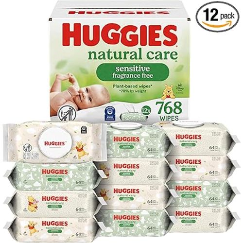Huggies Natural Care Sensitive Baby Wipes, Unscented, Hypoallergenic, 99% Purified Water, 12 Flip-Top Packs (768 Wipes Total), Packaging May Vary