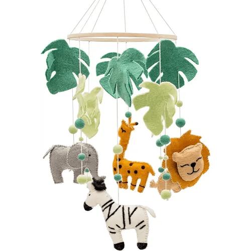 GLACIART ONE Baby Nursery Safari Mobile for Crib | Gender Neutral Mobile for Jungle Theme Nursery Decor | Felt Hanging Leaves & Animals Room Decorations Handmade from Natural Wool | Great Gift Idea