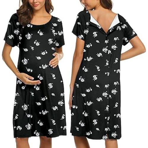 Ekouaer Women’s Nursing/Delivery/Labor/Hospital Nightdress Short Sleeve Maternity Nightgown with Button S-XXL