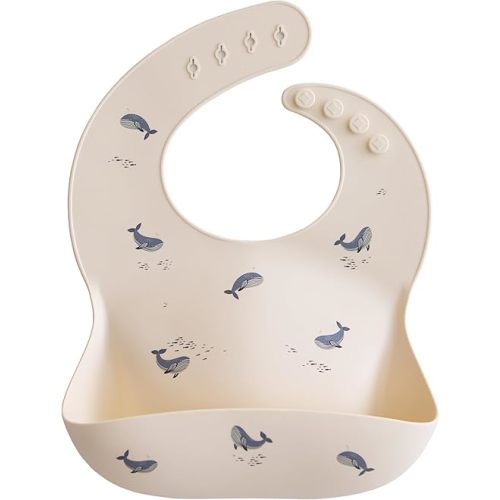 mushie Silicone Baby Bib | Adjustable Fit Waterproof Bibs (Whales)