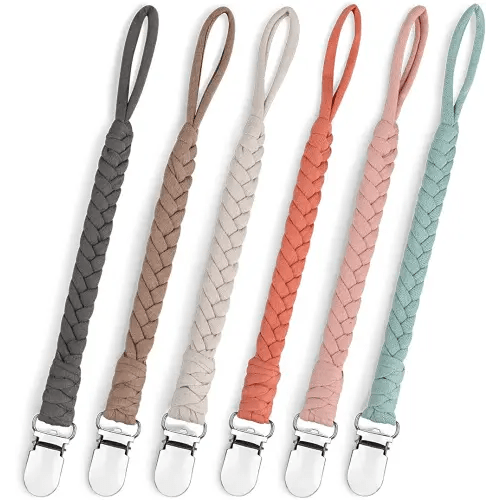 Pacifier Clip for Boys and Girls, Handmade Braided Cotton Baby Pacifier Holder Leash Smoother Clip Fits All Pacifiers Modern Unisex Baby Shower Set 6 Pack