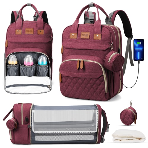 Diaper Bag Backpack, Multifunction Diaper Bag Backpack With Changing Station, USB Charging Port & Foldable Crib, Large Capacity Travel Backpack w/Sunshade&Pacifier Case&Stroller Straps(Red)