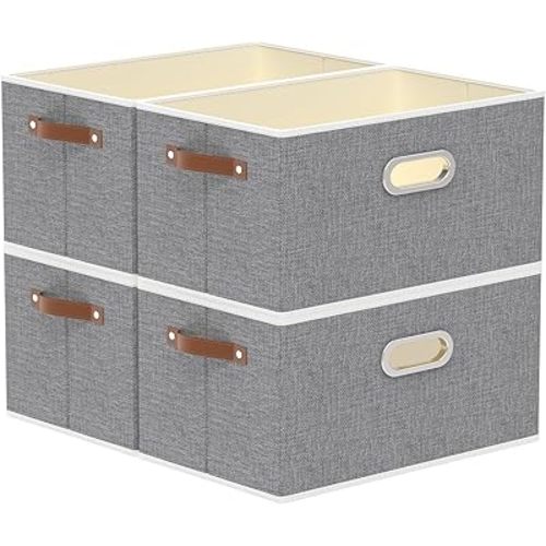 Yawinhe Foldable Storage Baskets for Shelves, Fabric Closet Organizers, Bins with 3 Handles, Cubes for Clothes, Grey, 15''Lx9.8''Wx8.3''H, 4-Pack