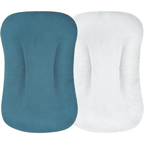 Muslin Baby Lounger Cover, 2 Pack Soft and Breathable Organic Cotton Newborn Lounger Slipcover for Boys Girls (Blue, Gray)