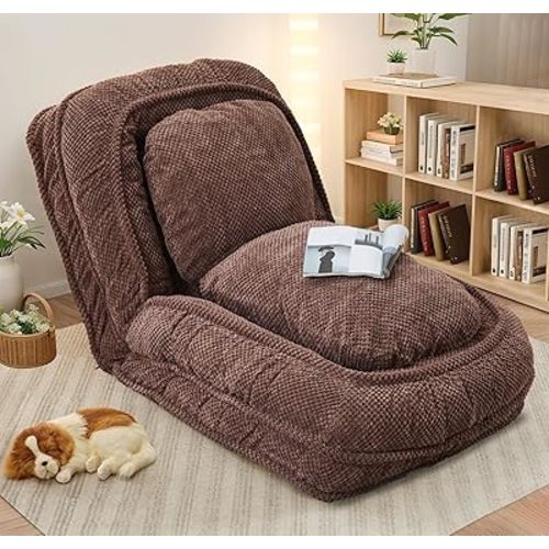 Upholstered Human Dog Bed for Adult & Pets, Convertible Lazy Sofa Bed with 5 Adjustable Position, Comfy Tatami Bean Bag Lounge Chair with 2 Soft Pillows for Bedroom Living Room Office (Brown)