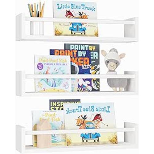 Fixwal Nursery Bookshelves, 16.5 Inch Floating Bookshelves for Wall Set of 3, Baby Kids Decor, Solid Wood Wall Mounted Shelves for Books, Toys and Decor Storage (White)