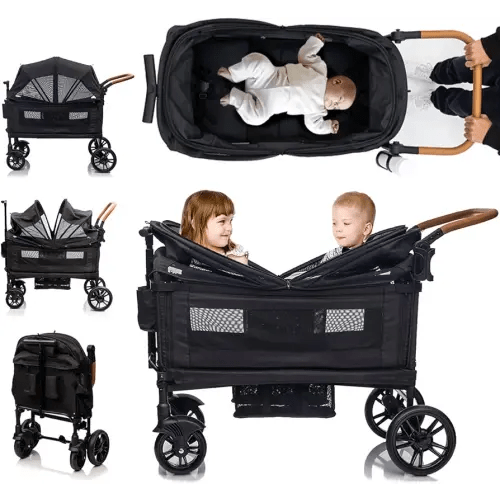 Wagon Stroller for 2 kids & Cargo-Travel Stroller Push-Pull Double Stroller Lightweight Folding Stroller for Newborn&Toddler with 5-Point Harness,Adjustable Handle Bar and Canopy,Tray Table,Cup Holder