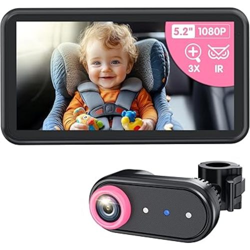 BM2A Baby Car Camera, Night Vision & 5.2" 1080P Display for Rear-Facing Car Seats, Easy No-Damage Install, Patented Anti-Shake Mount – Ideal for Parents and Pet Owners