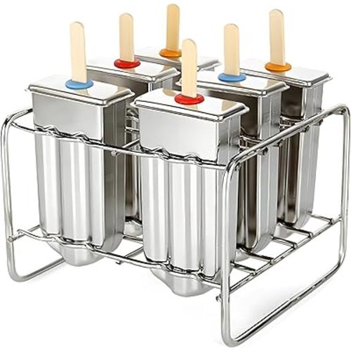 Stainless Steel Popsicle Molds, Set of 6 Ice Cream Maker, Ice Pop Molds With Holder, Metal Reusable Homemade Popsicle Molds with Sticks and Bags (Round Head, with Slot)