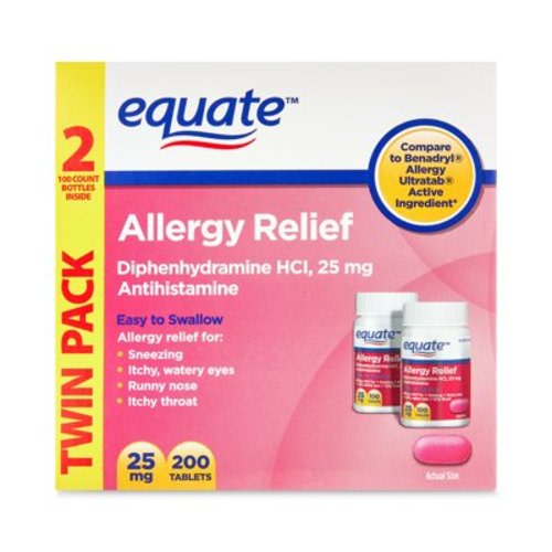 Equate Diphenhydramine HCl Allergy Relief Tablets, 25mg, 2x100 Count