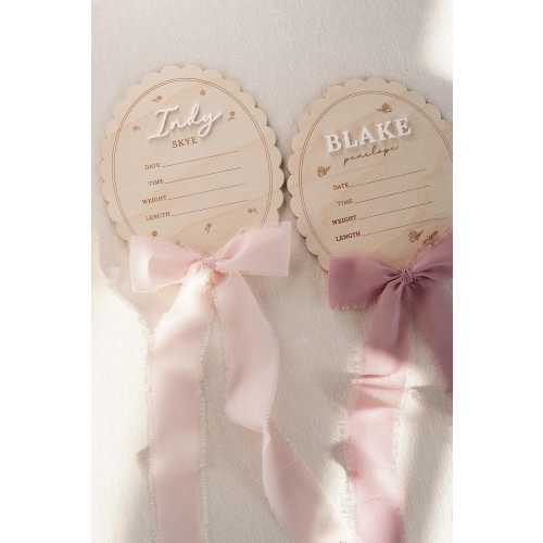 Newborn Baby Birth Stat Sign: Wooden Scalloped Hospital Keepsake with Bow with Butterflies and Florals