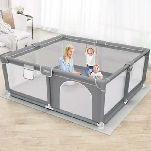 Upgraded 320D Washable Baby Playpen , 50''*50'' Large Playpen for Toddlers, Sturdy & Safe Playpen with Padded Cotton Top Rod for Protecting Babies, Baby Play Yard with Zipper Gate, Light Gray