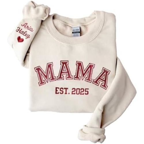 NAZENTI Embroidered Mama Sweatshirt with Kids Names on Sleeve, Mom Sweater, Mothers Day Shirt, Gifts for Mom, Mama Gifts
