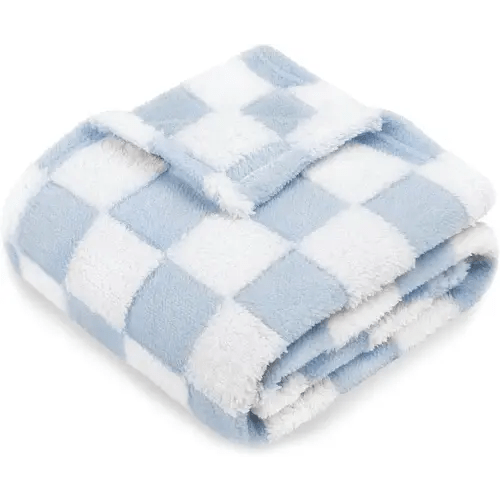 HOMRITAR Checkered Baby Blanket for Boys Girls Warm Cozy Reversible Checkerboard Toddlers Blanket, Fluffy Fuzzy Plush Lightweight Bed Blanket with Chessboard Grid Design 350GSM Baby Blue 30 x 40 Inch