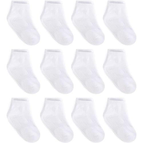 ZAPLES Baby Non Slip Grip Ankle Socks with Anti Skid Grippers Boys Girls Low Cut for Infants Toddlers Kids - 0-6 Months - White